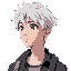 a young male with white hair. looking toward a side. simply shading. anime style. wearing a jacket. feminine. lighting and bright color palette.