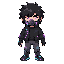 messy black hair purple eyes shining because of implants technological mask black jacket with neon details tactical gloves futuristic sneakers