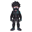 messy black hair purple eyes shining because of implants technological mask black jacket with neon details tactical gloves futuristic sneakers