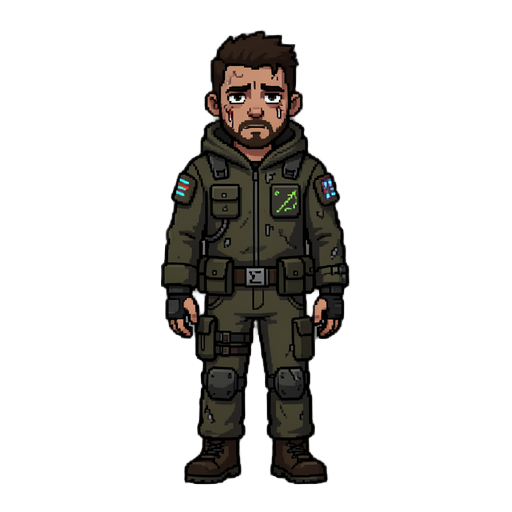 pixel art character design of a male protagonist named noah for a dark sci-fi horror experimental game. he is a normal human living inside a broken system of experiments, secrets, and hidden entities. the design must feel grounded, emotional, and slightly