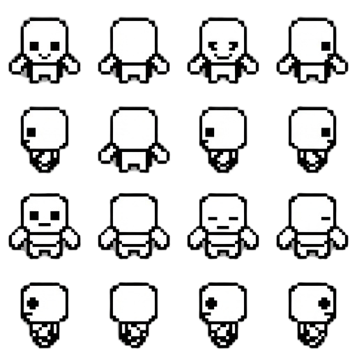 these are the face parts of 36 different characters. please check one by one and make 36 1-bit characters with these face parts rotating 45 degrees to the left.