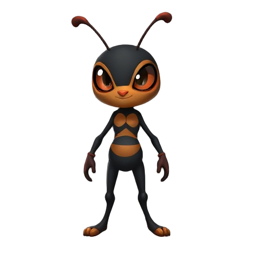 seu corpo inteiro é preto, como se fosse feito de sombra sólida.  a textura lembra fumaça condensada, com pequenos brilhos roxos que aparecem quando ela se move.  ela não tem detalhes faciais visíveis, seu visual lembra a da hornet mas ela tem um mando ro