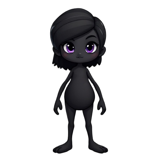seu corpo inteiro é preto, como se fosse feito de sombra sólida.  a textura lembra fumaça condensada, com pequenos brilhos roxos que aparecem quando ela se move.  ela não tem detalhes faciais visíveis, exceto por um leve brilho lilás onde ficariam os olho