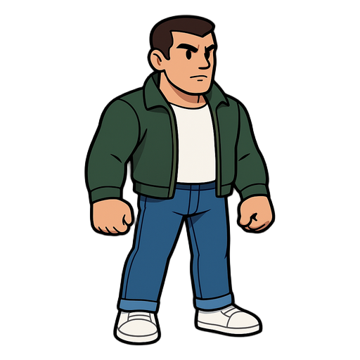 man,dark green jacket,white tshirt,blue jeans,sega game setting street of rage,platformer,2d platformer,