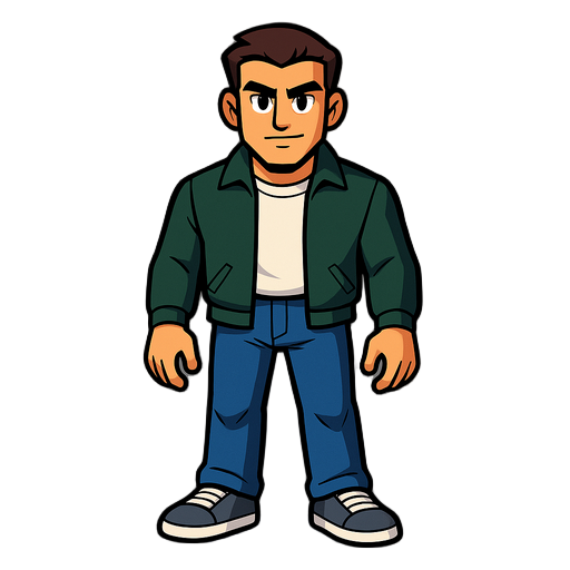 man,dark green jacket,white tshirt,blue jeans,sega game setting street of rage,platformer,2d platformer,