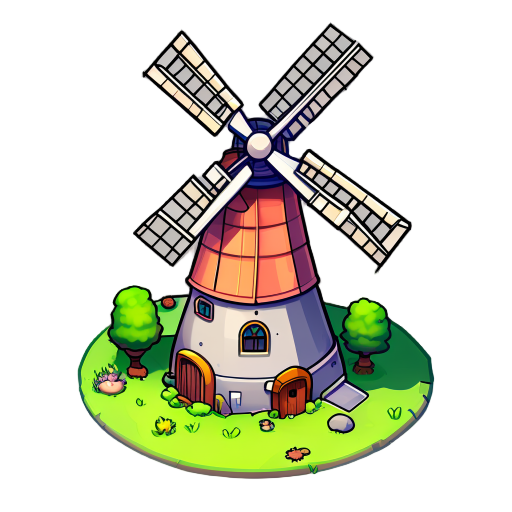 visual style of forager. top-down 3/4 perspective. soft rounded shapes, minimal details, clean outlines. vibrant palette, cute friendly mood. simple shading. no grid. transparent background.  subject: windmill