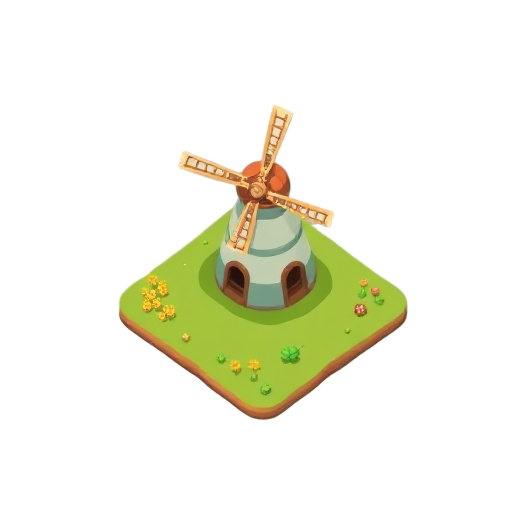 visual style of forager. top-down 3/4 perspective. soft rounded shapes, minimal details, clean outlines. vibrant palette, cute friendly mood. simple shading. no grid. transparent background.  subject: windmill