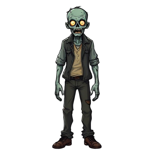 create for me a realistic zombie dressed in civilian clothes in a state of decomposition.