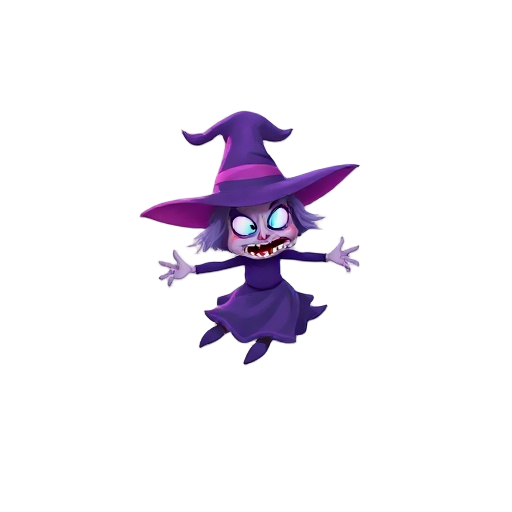 an ugly witch flying, in shades of purple and blue, in a white background 