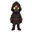 humanoid character wearing a dark hooded coat and a round gas mask with glowing eye lenses. the outfit is rugged and heavy, suitable for a post-apocalyptic or toxic environment. the character’s stance is slightly hunched forward, giving a cautious, surviv