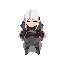 "human character with long white hair, small eyes, and not very heavy armor."