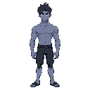 male, abs, pecs, topless, grey-ish blue skin, dark blue hair