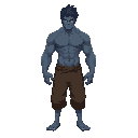 male, abs, pecs, topless, grey-ish blue skin, dark blue hair, beast, loose brown pants, bodyhair