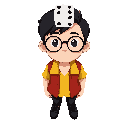 a cartoon illustration of a young person of indonesian ethnicity, with black hair and large round glasses, wearing a red vest over a yellow collared shirt and black pants. a dice is balanced on their head. simple smiling expression and a pale complexion w
