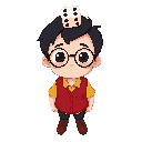 a cartoon illustration of a young person of indonesian ethnicity, with black hair and large round glasses, wearing a red vest over a yellow collared shirt and black pants. a dice is balanced on their head. simple smiling expression and a pale complexion w