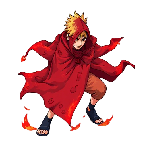 a dynamic vector illustration of naruto uzumaki in his initial v1 tailed beast cloak (red kyuubi chakra mode) from the naruto series. he is depicted in a crouched, feral pose, with his body entirely covered by an intense, flowing crimson red chakra cloak 