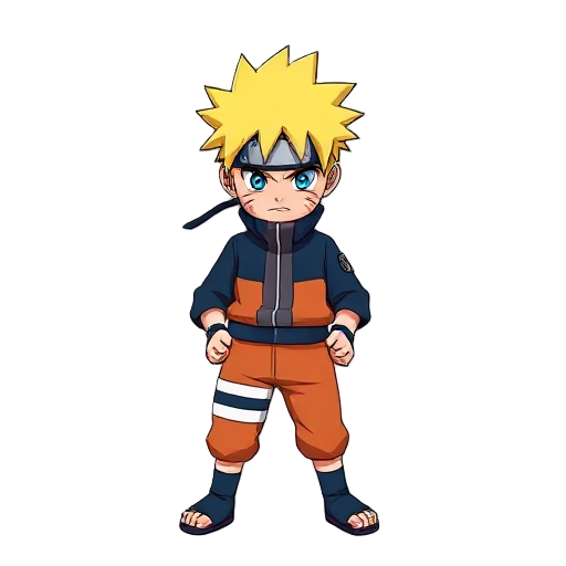 a full-body, stylized vector illustration of naruto uzumaki in his shippuden-era outfit. he stands in a powerful, ready stance, with legs slightly apart and fists clenched. his signature spiky blonde hair is prominent, and his eyes show determination with