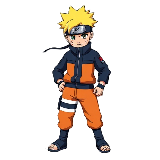 a full-body, stylized vector illustration of naruto uzumaki in his shippuden-era outfit. he stands in a powerful, ready stance, with legs slightly apart and fists clenched. his signature spiky blonde hair is prominent, and his eyes show determination with