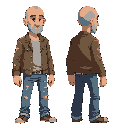 homeless man, balding gray hair, ripped jeans