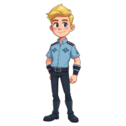 a male blond confident space cadet of star fleet academy with a light blue shirt.