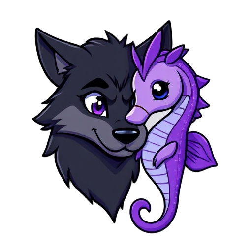 black wolf and purple seahorse love