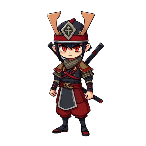 a samurai with two dagger behind his back, a red hat, red eyes, amateratsu aura