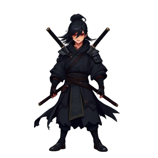 a lone samurai warrior standing confidently, with two katanas crossed on his back, wearing a traditional dark kimono with modern armor details. his eyes glow red with intensity, reflecting inner rage and honor. the wind blows his long black hair and his t
