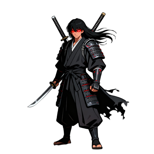 a lone samurai warrior standing confidently, with two katanas crossed on his back, wearing a traditional dark kimono with modern armor details. his eyes glow red with intensity, reflecting inner rage and honor. the wind blows his long black hair and his t
