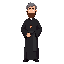 i want a priest wearing an all-black cassock and a crucifix around his neck; he has brown hair with gray strands and a full beard.