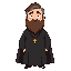 i want a priest wearing an all-black cassock and a crucifix around his neck; he has brown hair with gray strands and a full beard.