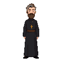  i want a priest wearing an all-black cassock and a crucifix around his neck; he has brown hair with gray streaks and a full beard, inspired by the protagonist of blasphemus.