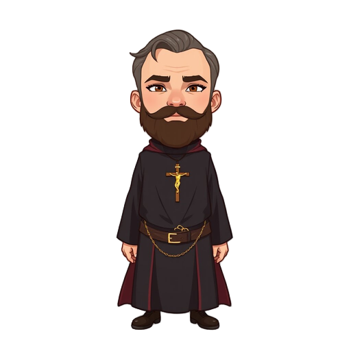  i want a priest wearing an all-black cassock and a crucifix around his neck; he has brown hair with gray streaks and a full beard, inspired by the protagonist of blasphemus.
