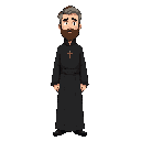 i want a priest wearing an all-black cassock and a crucifix around his neck; he has brown hair with gray streaks and a full beard, inspired by the protagonist of blasphemus.