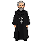  i want a priest wearing an all-black cassock and a crucifix around his neck; he has brown hair with gray streaks and a full beard, inspired by the protagonist of blasphemus.