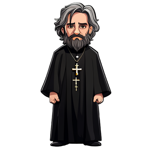  i want a priest wearing an all-black cassock and a crucifix around his neck; he has brown hair with gray streaks and a full beard, inspired by the protagonist of blasphemus.