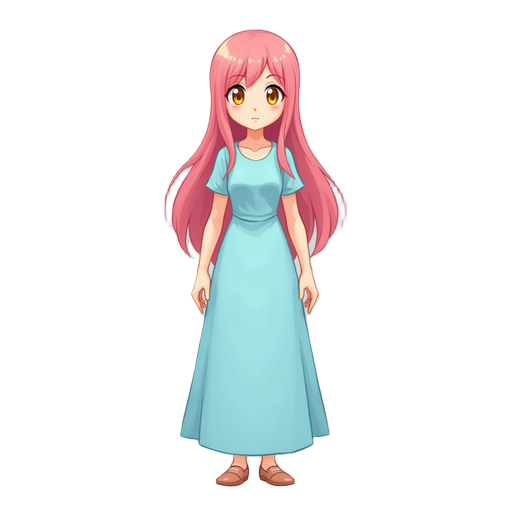anime girl with long pink hair, yellow eyes, wearing a simple light blue long dress, standing, neutral expression, full body, soft shading, minimal background, clean outline, 8-bit retro game style