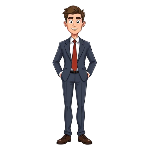middle-aged man in a suit, tie, and shoes. brown hair, tall and slim, but he exercises without being overly so.