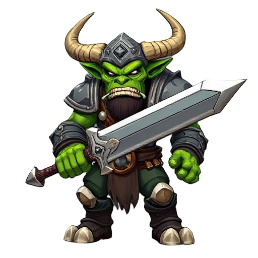 great dar green orc, heavy bone armor, big helmet with two horns, holding great sword 