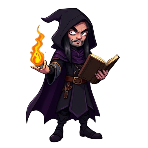 dark cursed mage, long hair, dark purple cape but not covering the head, with a black cloak ,  holding a  old magic glowing book casting a flame spell 