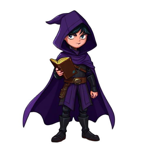 dark hunter big purple cape, with a cloak,  holding a magic book 