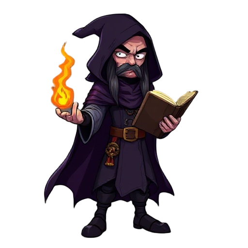 dark cursed mage, long hair, dark purple cape, with a cloak not covering the head,  holding a  old magic glowing book casting a flame spell 