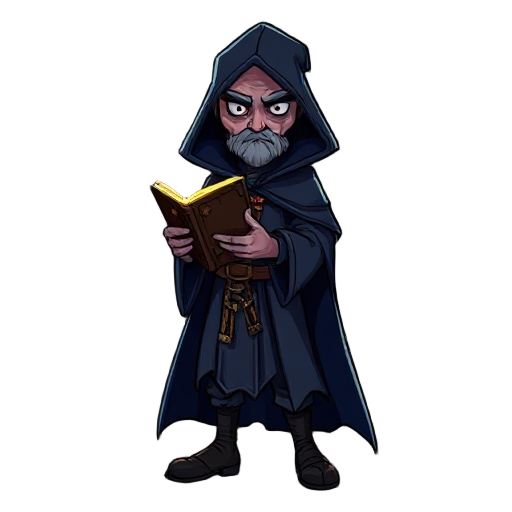 dark cursed mage dark blue cape, with a cloak,  holding a  old magic glowing  book 