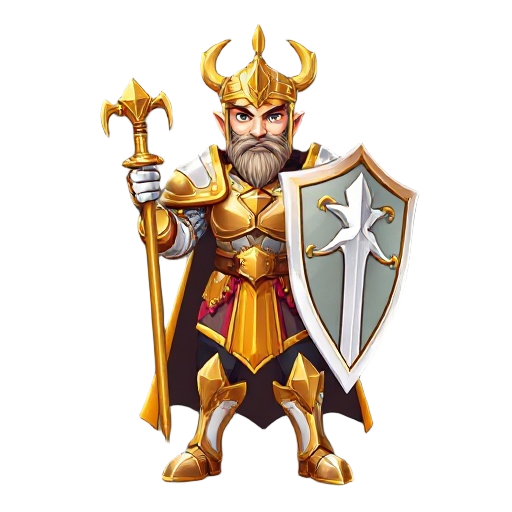 great lord paladin, shining gold and white armor, houding big shield and great enchanted sword