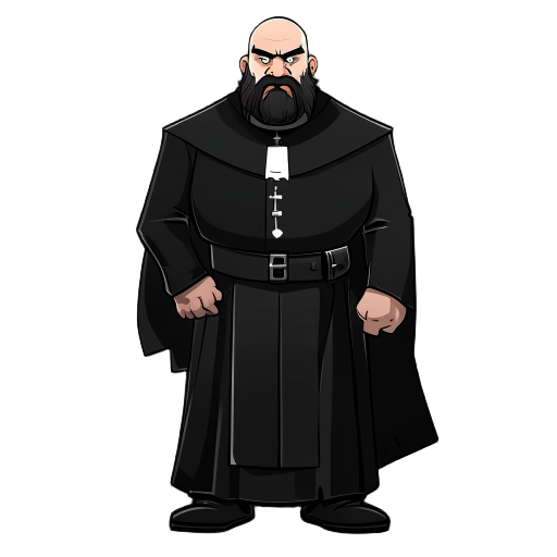 a strong, imposing man dressed in black clerical attire with a white collar. bald, with a full beard and a stern expression. his appearance conveys authority and discipline, resembling a battle-hardened priest or exorcist.