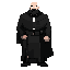 a strong, imposing man dressed in black clerical attire with a white collar. bald, with a full beard and a stern expression. his appearance conveys authority and discipline, resembling a battle-hardened priest or exorcist.
