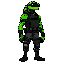 a tall humanoid reptilian soldier with green scaly skin, wearing black tactical gear and combat boots. his face is expressionless, with goggles covering his eyes, giving him a mysterious and disciplined appearance.