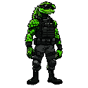 a tall humanoid reptilian soldier with green scaly skin, wearing black tactical gear and combat boots. his face is expressionless, with goggles covering his eyes, giving him a mysterious and disciplined appearance.
