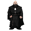 a strong, imposing man dressed in black clerical attire with a white collar. bald, with a full beard and a stern expression. his appearance conveys authority and discipline, resembling a battle-hardened priest or exorcist.