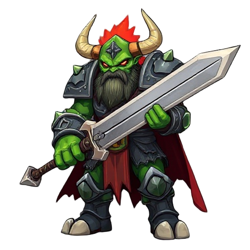 giant green knight orc with big horn and red aura , heavy bone armor , holding long great sword with left hand