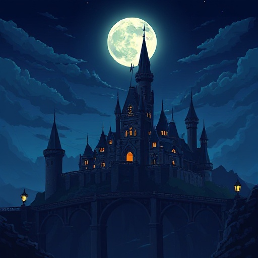 create a metroidvania dark castle and sky with full moon as background. foreground a great bridge